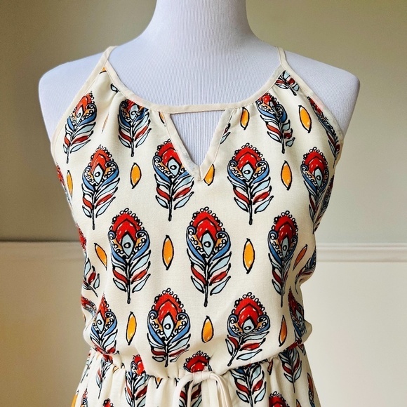 Joy Joy Boho Feather Drawstring Summer Crepe Mini Dress - XS - Picture 2 of 7